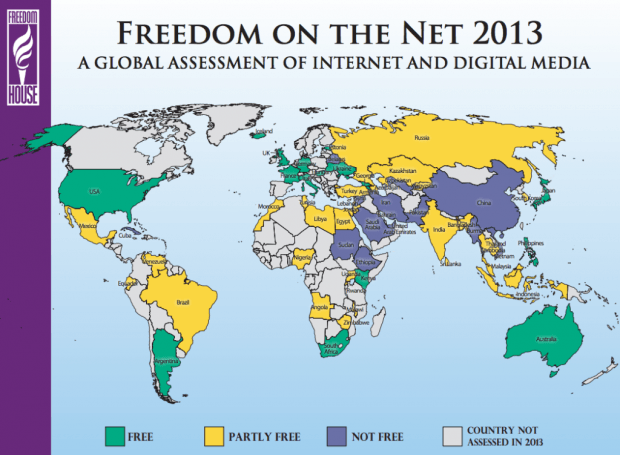 Карта интернет-цензуры в 2013 году. Источник: Freedom House.