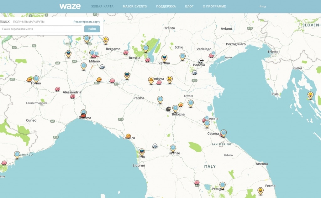 Фрагмент интерфейса сайта Waze