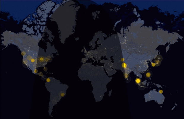 Интерактивная карта с информацией, где пользователи пишут в Twitter о восходе солнца. Источник: CARTODB.
