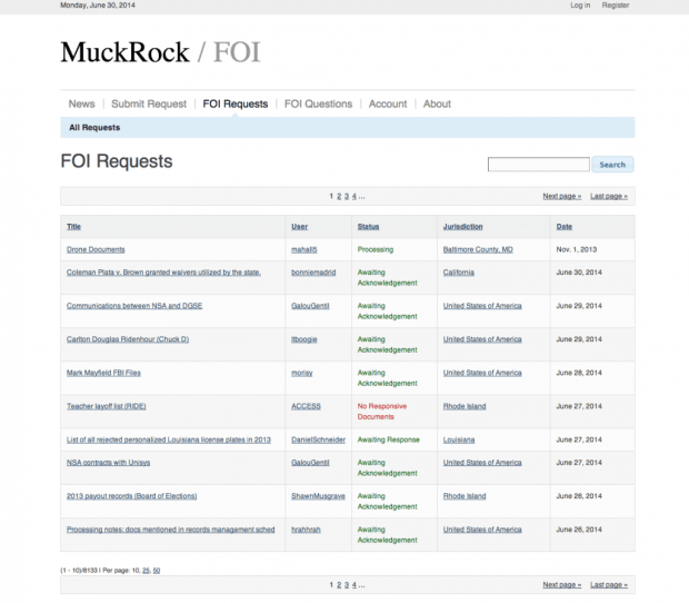 Раздел с опубликованными запросами на сайте Muckrock.com, где можно увидеть статус получения ответа.