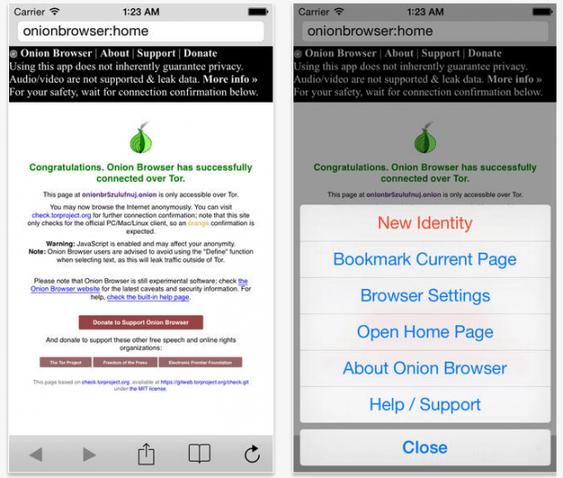 Фрагмент интерфейса браузера Onion для iOS.
