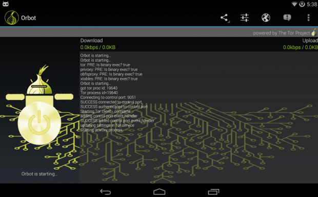 Фрагмент интерфейса браузера OrBot для Android.