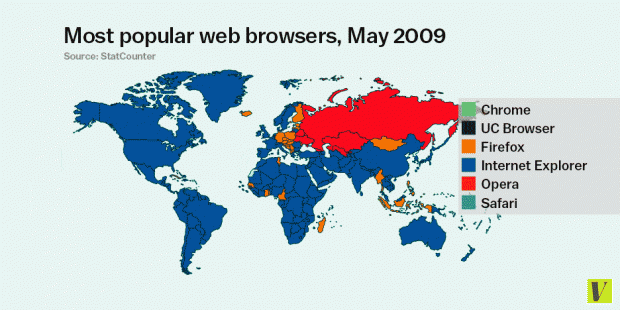 Интерактивная карта популярности различных браузеров в мире. Источник: Statcounter.