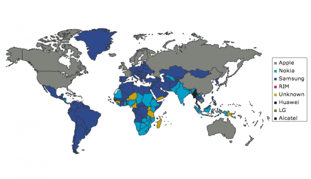 Карта наиболее популярных брендов мобильных телефонов в мире. Источник Statcounter.