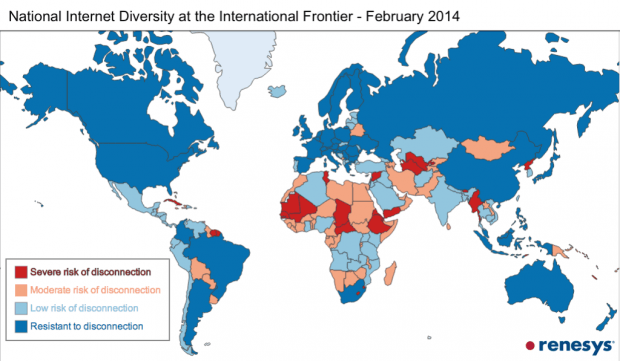 Карта риска отключения от интернета в феврале 2014 года. Источник: Renesys.