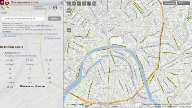 Фрагмент интерфейса сайта Электронного атласа Москвы и Московской области