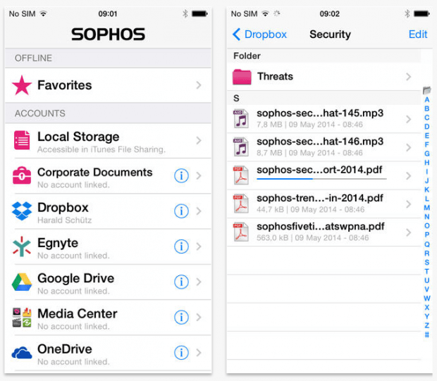 Фрагмент интерфейса приложения Sophos Mobile Encryption.