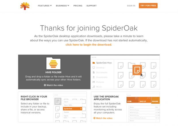 Фрагмент интерфейса сайта SpiderOak.
