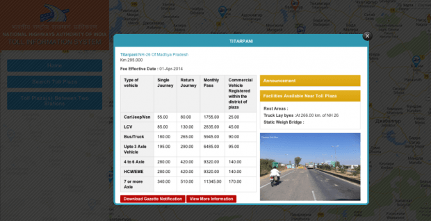 Фрагмент интерфейса сайта Информационной системы о платных дорогах Индии.