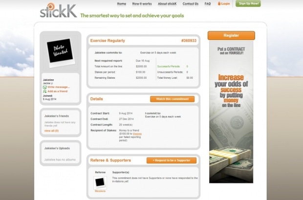 Фрагмент интерфейса сайта StickK