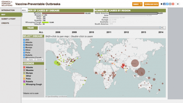 Фрагмент интерактивной карты Vaccine Preventable Outbreaks Map