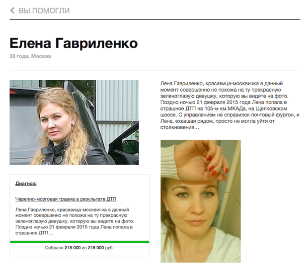 Кампания помощи Елене Гавриленко на сайте фонда "Живой"