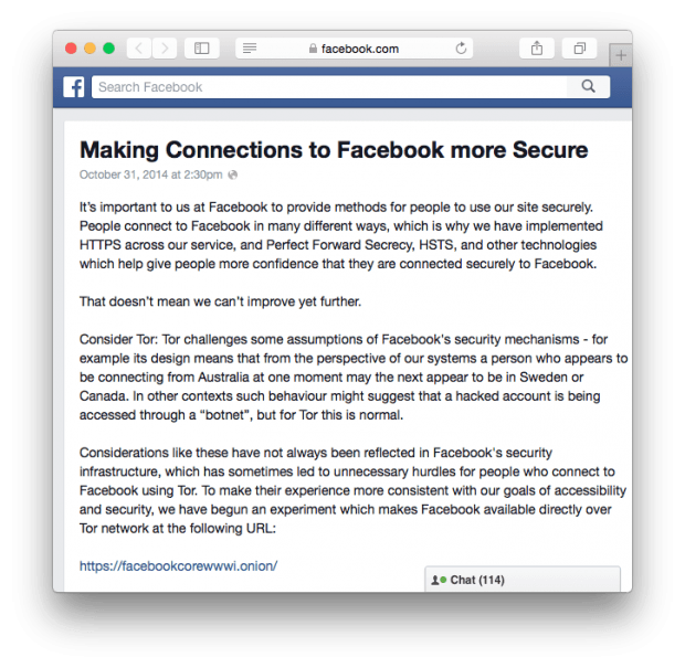 Фрагмент новости про вход в Facebook с помощью Tor.