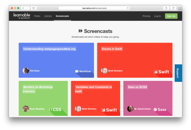 Фрагмент сайта  Learnable. Раздел бесплатных скринкастов.