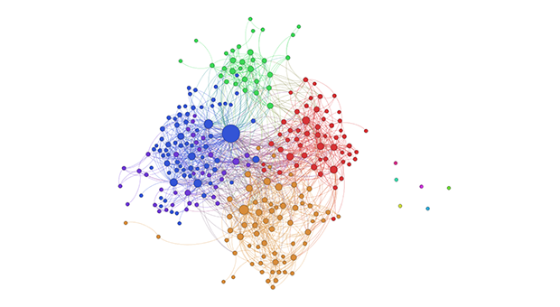 Сетевое представление дружеских связей типичной группы в Facebook (линии показывают дружескую связь, размер узла показывает количество общих друзей в группе, цвет показывает сообщество). Изображение: medium.com/@slavacm
