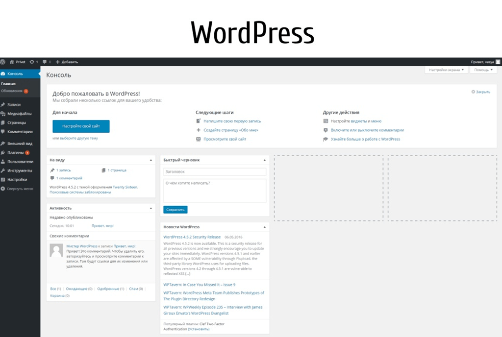 Административная панель WordPress. Слайд из презентации Александра Чуркина.