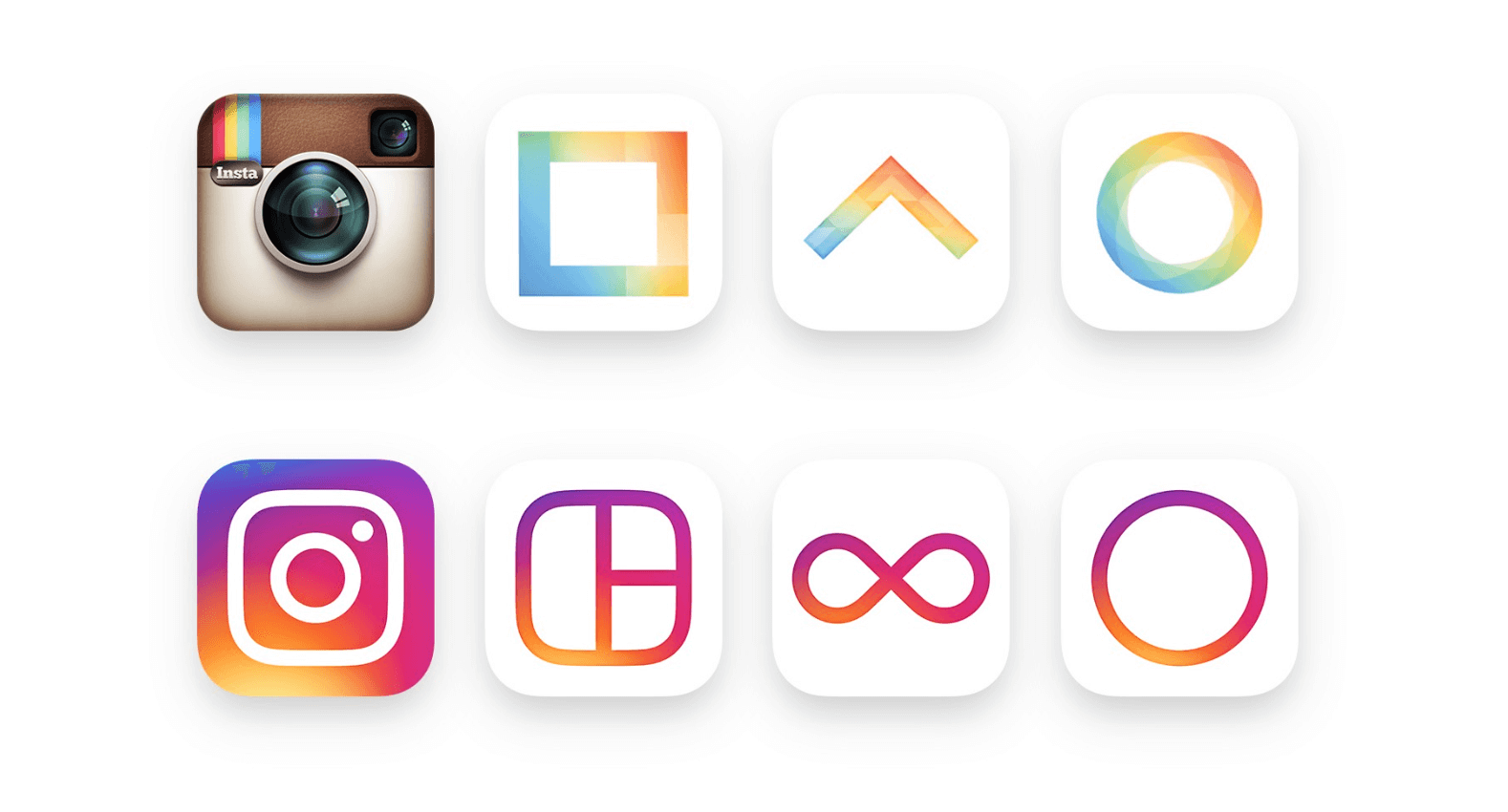 Новые логотипы семьи приложений: Instagram, Layout, Boomerang и Hyperlapse. Фото: Instagram.