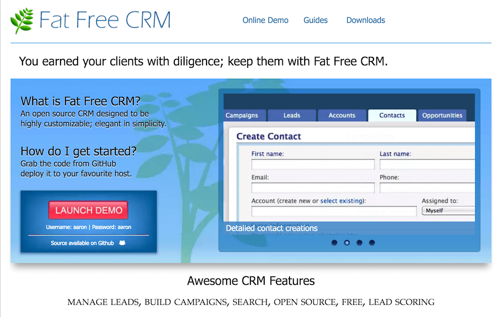 У Fat Free CRM нет веб-версии, поэтому ее придется качать и устанавливать на свой сервер. Тем не менее перед этим можно попробовать Fat Free CRM с помощью онлайн демо. Фрагмент сайта Fat Free CRM.