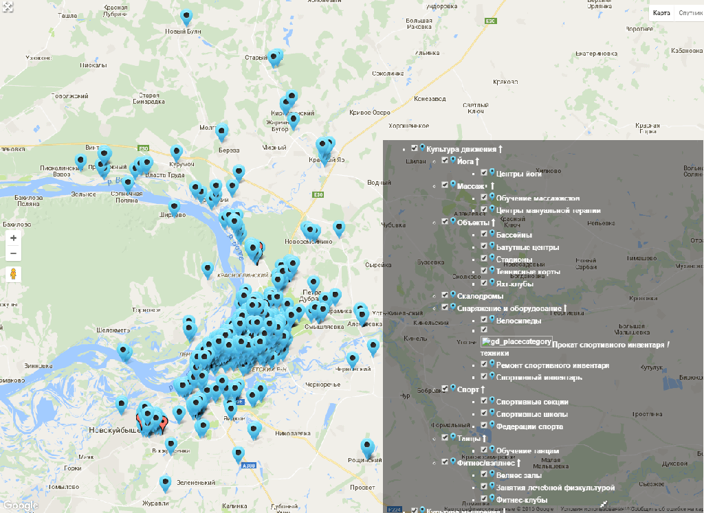Карта объектов здорового образа жизни Самары. Фрагмент сайта zdrav63.ru