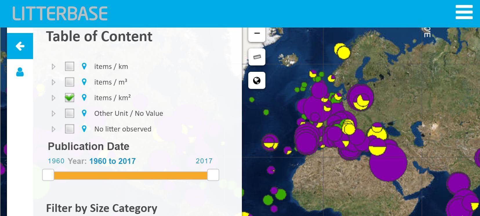 Фрагмент одной из карт проекта Litterbase, на которой видны данные о том, какой именно мусор плавает в мировом океане.