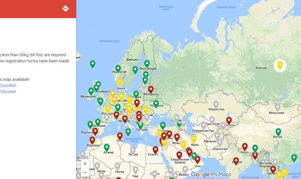 Для того, чтобы помочь блогерам и путешественникам в планировании Анил Полат разработал карту, в которой собрал всю актуальную информацию о местном законодательстве. Изображение с сайта www.google.com