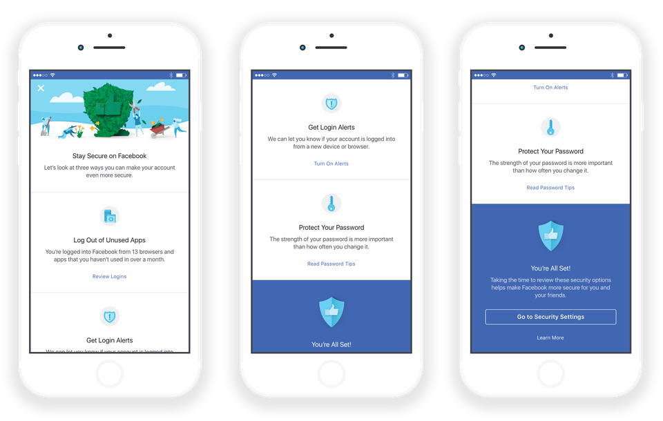 В октябре 2017 года пользователи Facebook найдут подсказку для запуска проверки безопасности в три шага. Изображение с сайта newsroom.fb.com