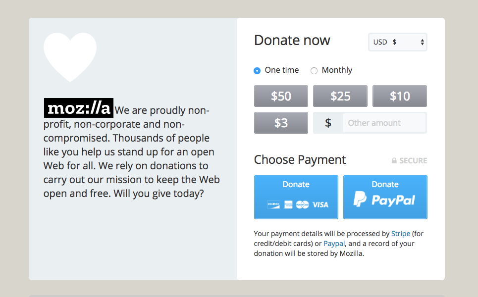 Страница пожертвований браузера Mozilla.