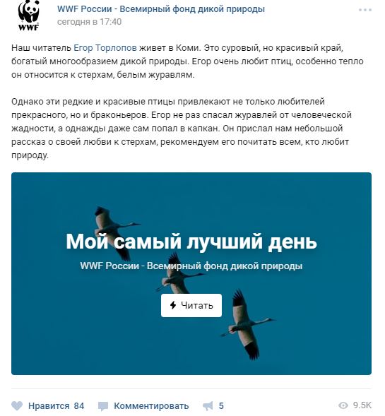 Пример поста, рассказывающего историю читателя в группе фонда WWF России.