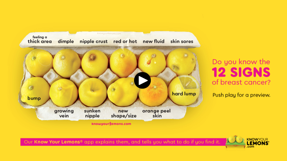 Надпись на рекламе "Знаете ли вы 12 признаков рака груди?". Фото. Фрагмент кампании.