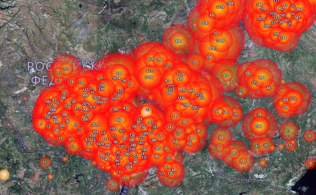 Площадь лесных пожаров в Сибири превысила 1,6 млн га. Фото с сайта космического мониторинга пожаров