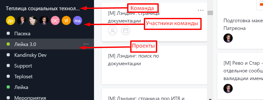 Команды и проекты в Asana. Скриншот с экрана