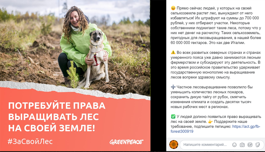 Российское отделение Greenpeace добивается того, чтобы вместо штрафов и угроз людям дали возможность выращивать лес на своей земле. Скриншот из соцсети