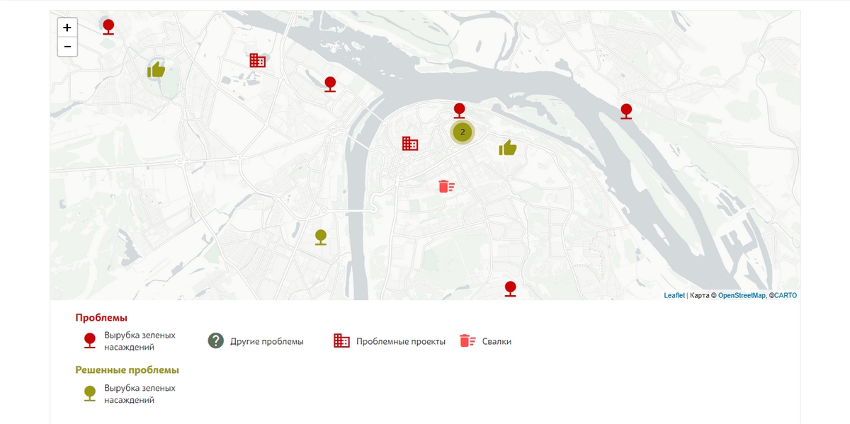 Карта экологических проблем Нижнего Новгорода. Скриншот сайта dront.ru