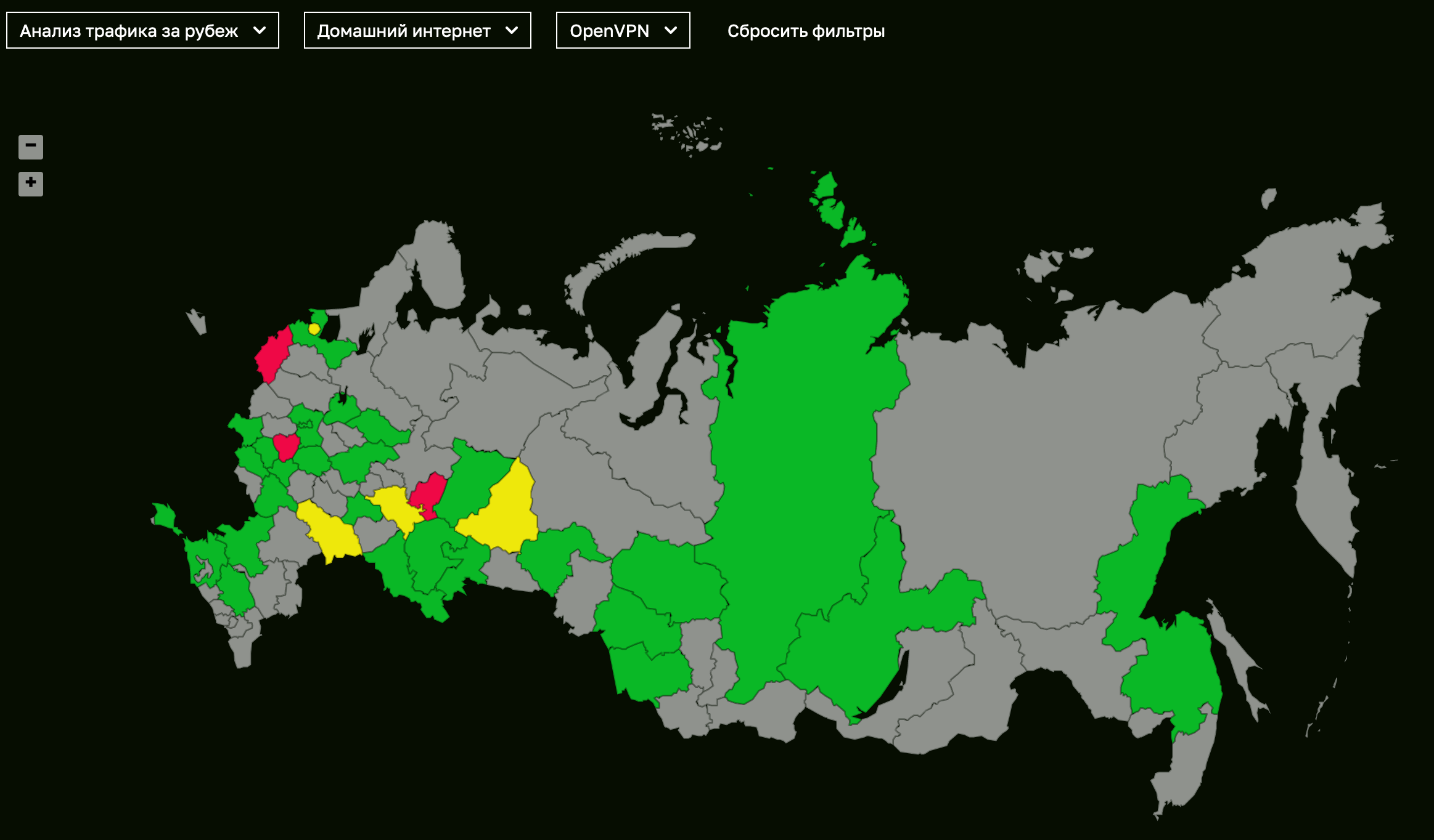 Карта доступности протокола OpenVPN в регионах России по данным DPIdetector. Желтый - затруднения, красный - блокировка, зеленый - доступен.