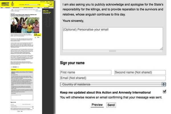 Форма сбора подписей на сайте Amnesty International