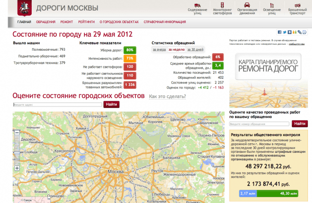 Интерфейс сайта Дороги Москвы