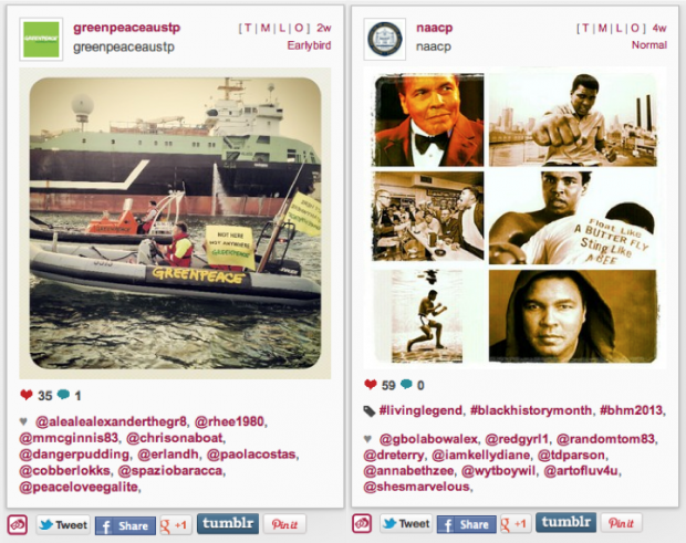 Фрагменты Instagram-лент @naacp и @greenpeaceaustp