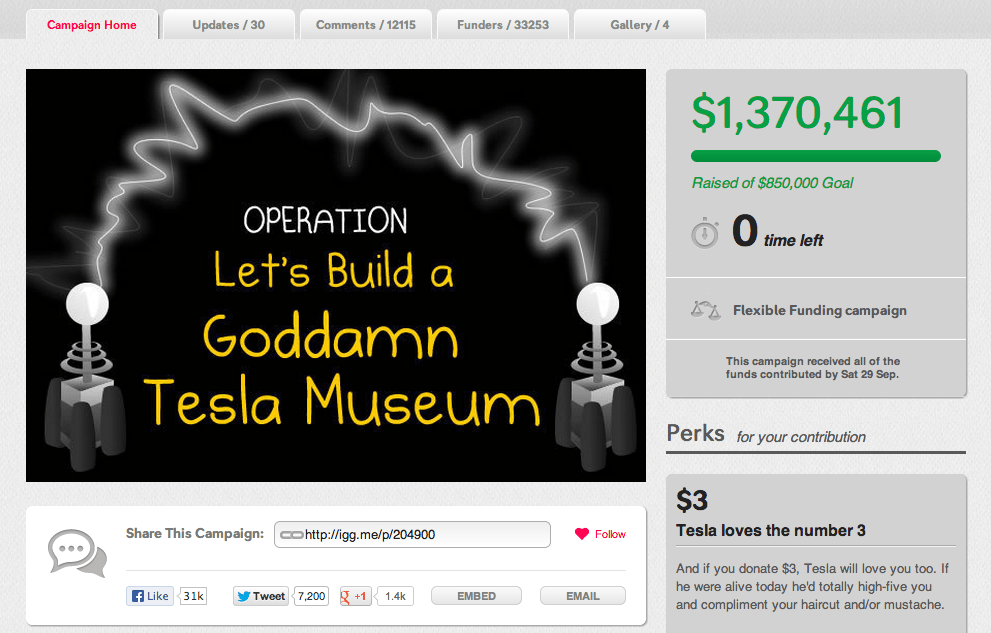 "Давайте построим проклятый музей Тесла" - краудфандинговая кампания, закончившаяся успехом