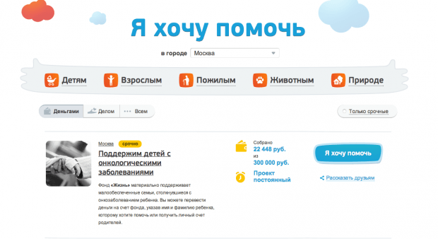 Фрагмент ленты "Хочу помочь" на сайте Добро Mail.ru